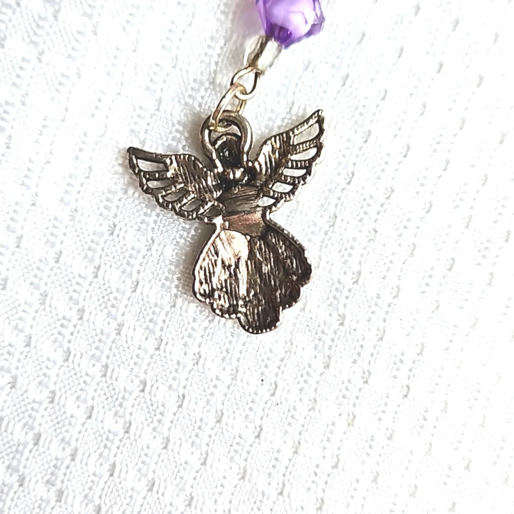 Guardian Silver Angel Crystal Purple Beaded Keychain, Keyring, Handmade